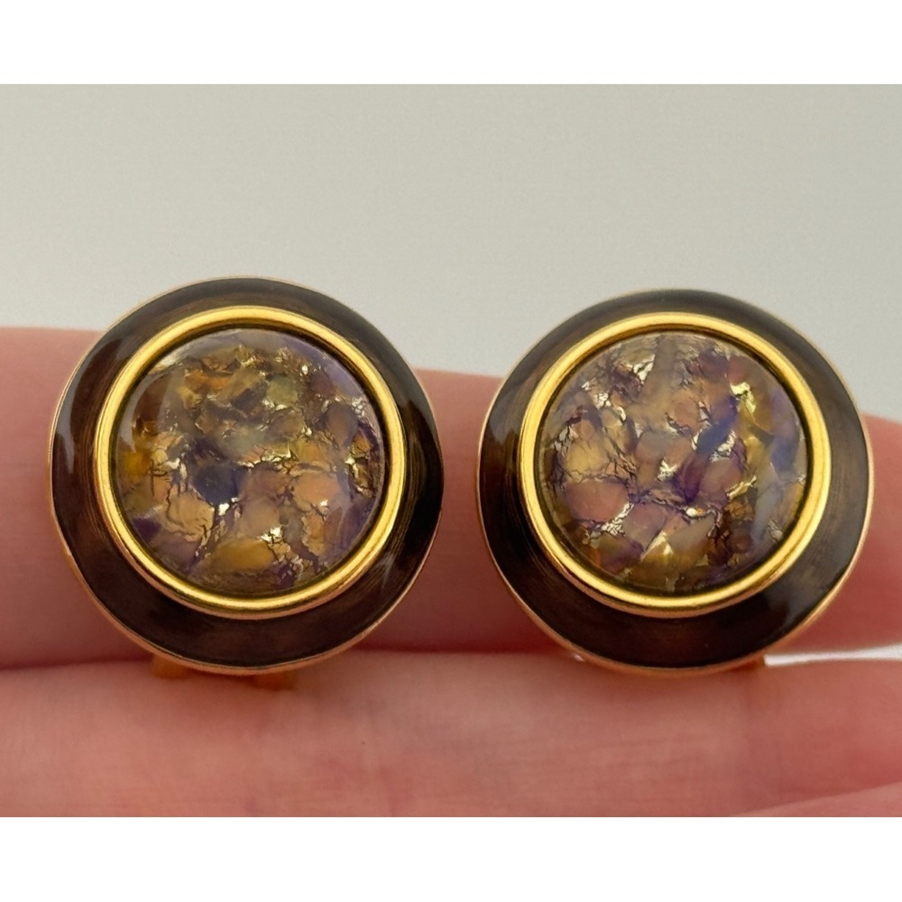 Vintage Joan Rivers Foil Glass Dome Enamel‎ Gold Tone Clip On Earrings